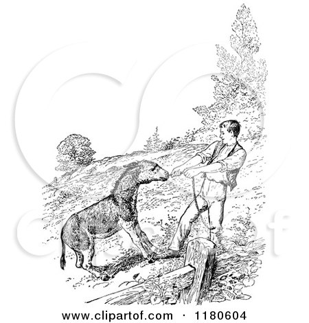 Clipart of a Retro Vintage Black and White Donkey and Man Pulling - Royalty Free Vector Illustration by Prawny Vintage