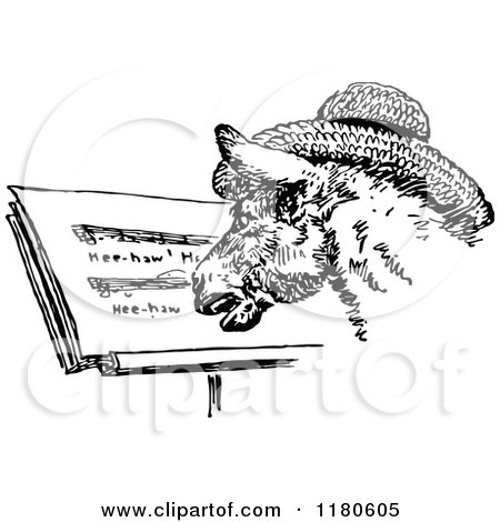 Clipart of a Retro Vintage Black and White Singing Donkey - Royalty Free Vector Illustration by Prawny Vintage