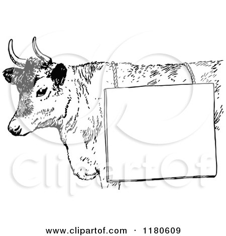 Clipart of a Retro Vintage Black and White Cow with a Sign - Royalty Free Vector Illustration by Prawny Vintage
