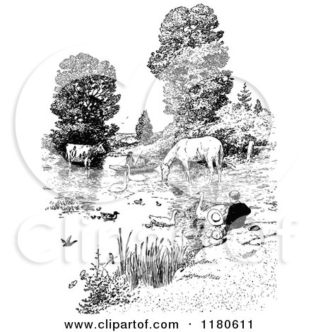 Clipart of a Retro Vintage Black and White Pond Scene with People and Farm Animals - Royalty Free Vector Illustration by Prawny Vintage