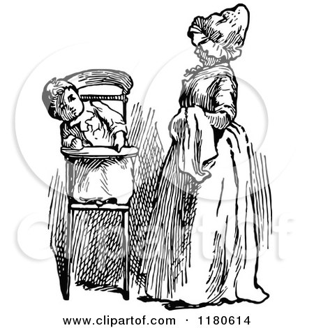 Clipart of a Retro Vintage Black and White Mother and Baby in a High Chair - Royalty Free Vector Illustration by Prawny Vintage