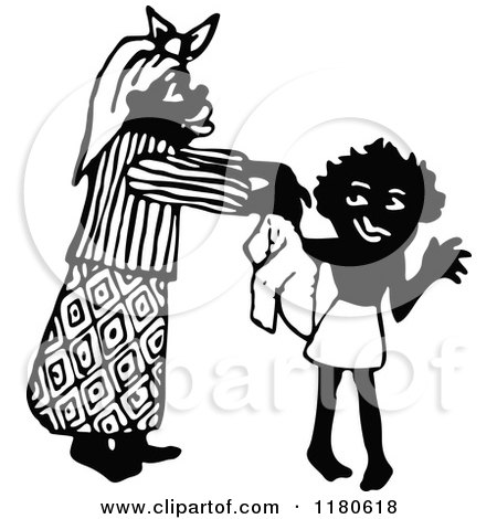 Clipart of a Retro Vintage Black and White Mother Dressing Her Son - Royalty Free Vector Illustration by Prawny Vintage
