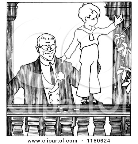 Clipart of a Retro Vintage Black and White Father with His Son on a Railing - Royalty Free Vector Illustration by Prawny Vintage