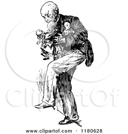 Clipart of a Retro Vintage Black and White Old Man Carrying Dolls - Royalty Free Vector Illustration by Prawny Vintage
