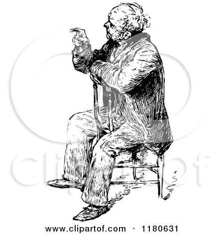 Clipart of a Retro Vintage Black and White Old Man Sitting and Pointing - Royalty Free Vector Illustration by Prawny Vintage