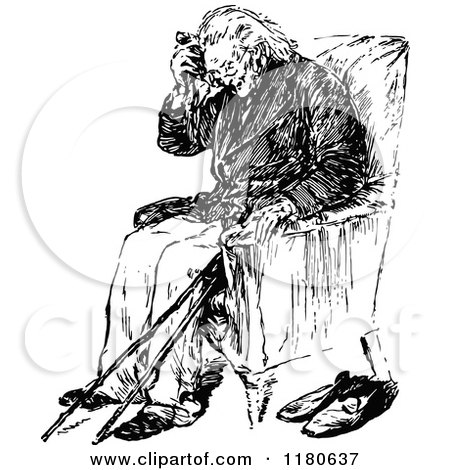 Clipart of a Retro Vintage Black and White Old Man Sitting - Royalty Free Vector Illustration by Prawny Vintage