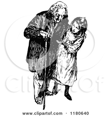 Clipart of a Retro Vintage Black and White Girl and Grandfather - Royalty Free Vector Illustration by Prawny Vintage