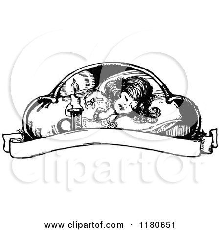 Clipart of a Retro Vintage Black and White Sleeping Girl and Banner - Royalty Free Vector Illustration by Prawny Vintage