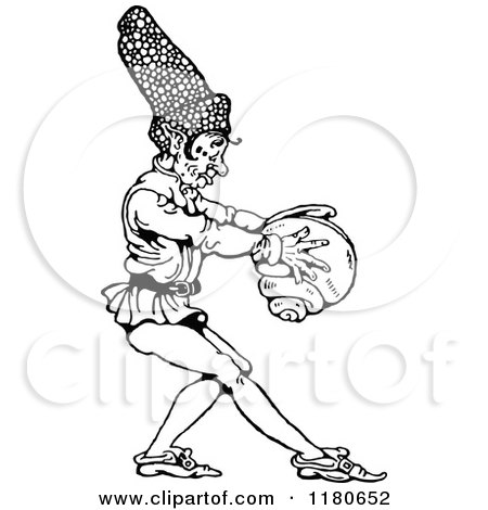 Clipart of a Retro Vintage Black and White Dwarf Holding a Shell - Royalty Free Vector Illustration by Prawny Vintage