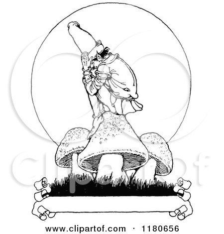 Clipart of a Retro Vintage Black and White Dwarf Sitting on a Mushroom over a Banner - Royalty Free Vector Illustration by Prawny Vintage