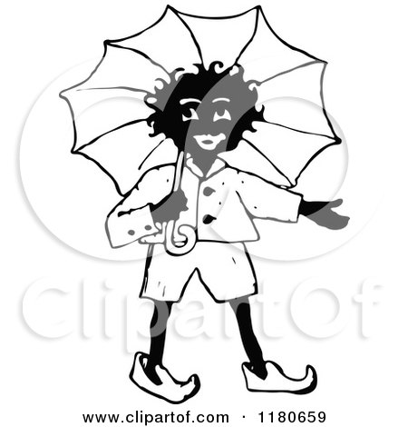 Clipart of a Retro Vintage Black and White African Boy with an Umbrella - Royalty Free Vector Illustration by Prawny Vintage