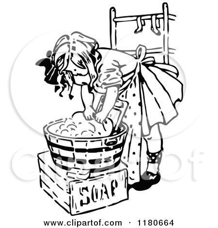 Clipart of a Retro Vintage Black and White Girl Washing Laundry - Royalty Free Vector Illustration by Prawny Vintage