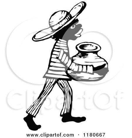 Clipart of a Retro Vintage Black and White African Boy Carrying a Jug - Royalty Free Vector Illustration by Prawny Vintage