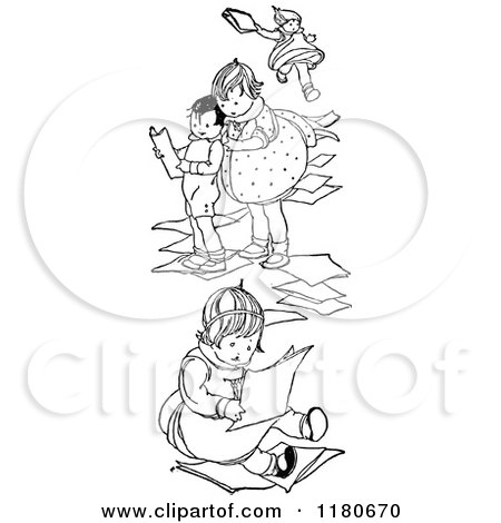 Clipart of Retro Vintage Black and White Children with Paper - Royalty Free Vector Illustration by Prawny Vintage