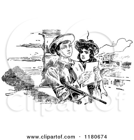 Clipart of a Retro Vintage Black and White Boy and Girl Reading a Note - Royalty Free Vector Illustration by Prawny Vintage