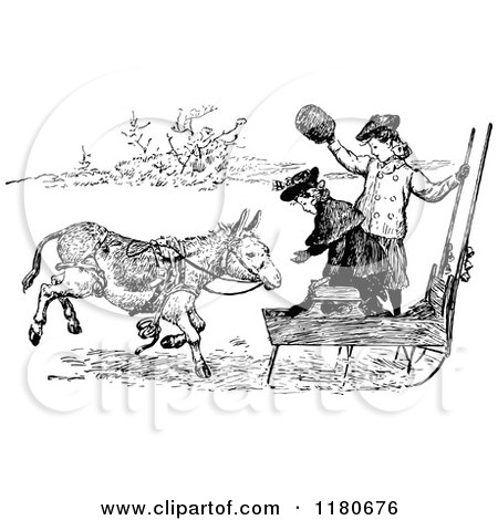 Clipart of Retro Vintage Black and White Girls with a Donkey Sled - Royalty Free Vector Illustration by Prawny Vintage