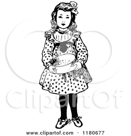 Clipart of a Retro Vintage Black and White Girl Holding a Bowl - Royalty Free Vector Illustration by Prawny Vintage