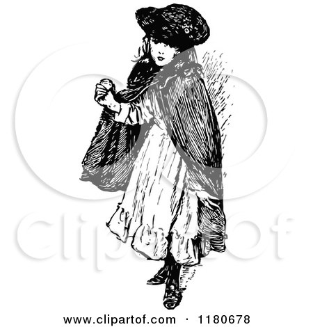 Clipart of a Retro Vintage Black and White Girl with a Cape - Royalty Free Vector Illustration by Prawny Vintage