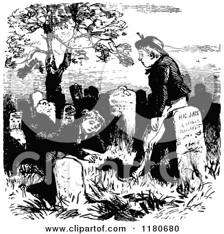Clipart of Retro Vintage Black and White Boys in a Cemetery - Royalty Free Vector Illustration by Prawny Vintage