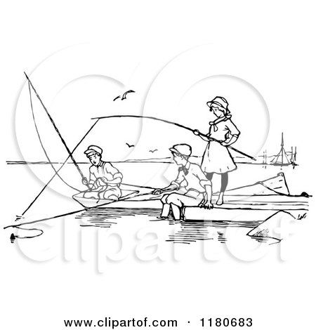 Clipart of Retro Vintage Black and White Children Fishing - Royalty Free Vector Illustration by Prawny Vintage