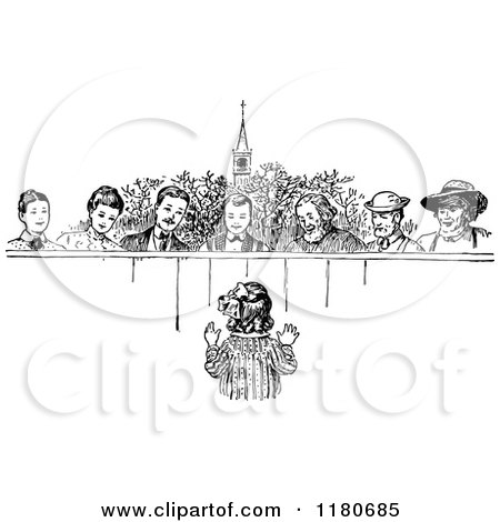 Clipart of a Retro Vintage Black and White Girl Talking to People over a Fence - Royalty Free Vector Illustration by Prawny Vintage