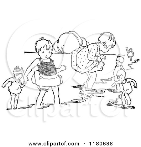 Clipart of Retro Vintage Black and White Girls Playing with Dolls on a Beach - Royalty Free Vector Illustration by Prawny Vintage