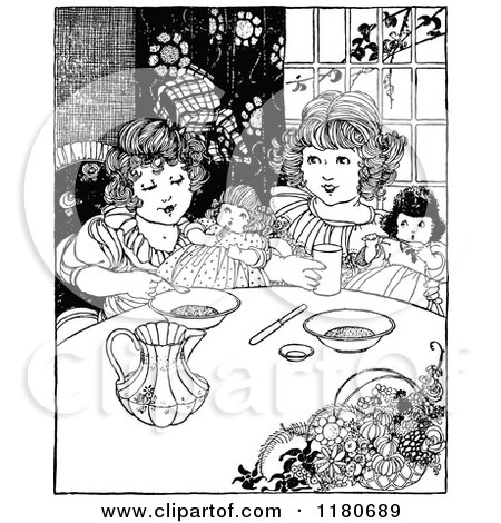 Clipart of Retro Vintage Black and White Girls Playing with Dolls - Royalty Free Vector Illustration by Prawny Vintage