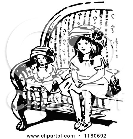 Clipart of a Retro Vintage Black and White Girl Sitting with Her Doll - Royalty Free Vector Illustration by Prawny Vintage