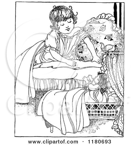 Clipart of a Retro Vintage Black and White Girl Playing with Her Doll - Royalty Free Vector Illustration by Prawny Vintage
