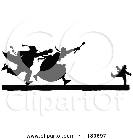 Clipart of a Silhouetted Couple Chasing a Boy - Royalty Free Vector Illustration by Prawny Vintage