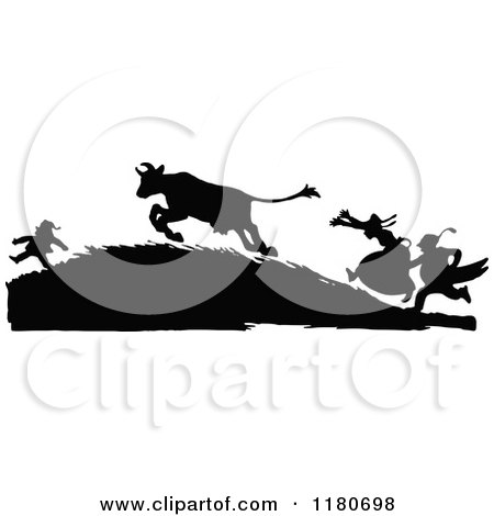 Clipart of a Silhouetted Couple Chasing a Cow Running Towards a Boy - Royalty Free Vector Illustration by Prawny Vintage
