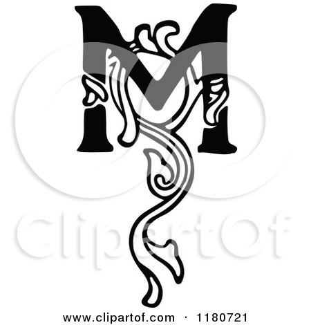 Clipart of a Retro Vintage Black and White Letter M and Vine - Royalty Free Vector Illustration by Prawny Vintage