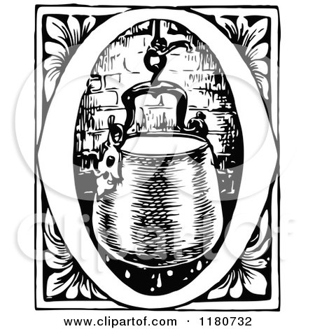 Clipart of a Retro Vintage Black and White Letter O and Hearth Pot - Royalty Free Vector Illustration by Prawny Vintage