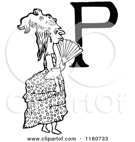 Clipart of a Retro Vintage Black and White Letter P and Lady - Royalty Free Vector Illustration by Prawny Vintage