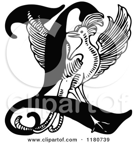 Clipart of a Retro Vintage Black and White Letter L and Bird - Royalty Free Vector Illustration by Prawny Vintage