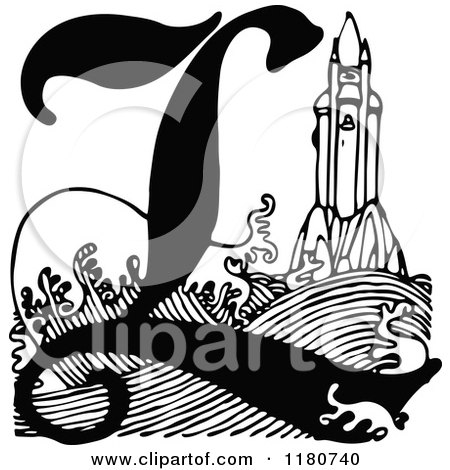 Clipart of a Retro Vintage Black and White Letter L and Lighthouse - Royalty Free Vector Illustration by Prawny Vintage