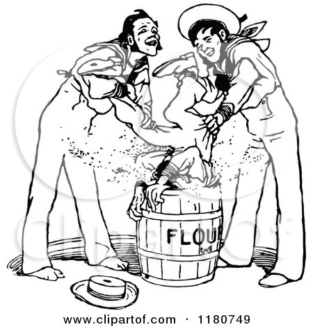 Clipart of a Retro Vintage Black and White Man Being Dunked in Flour by Sailors - Royalty Free Vector Illustration by Prawny Vintage