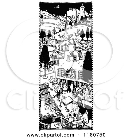 Clipart of a Retro Vintage Black and White Doll Village - Royalty Free Vector Illustration by Prawny Vintage