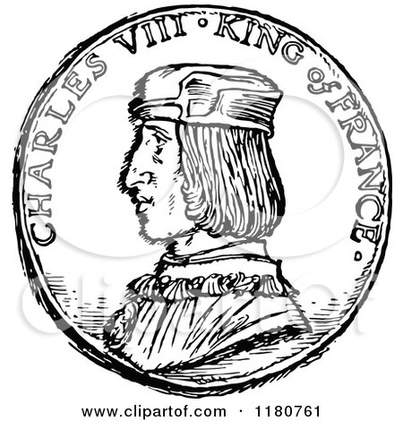 Clipart of a Retro Vintage Black and White Charles VIII King of France Coin - Royalty Free Vector Illustration by Prawny Vintage