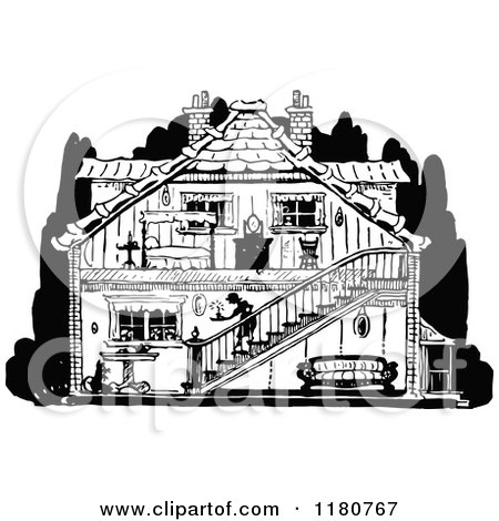 Clipart of a Retro Vintage Black and White House with Visible Interior - Royalty Free Vector Illustration by Prawny Vintage