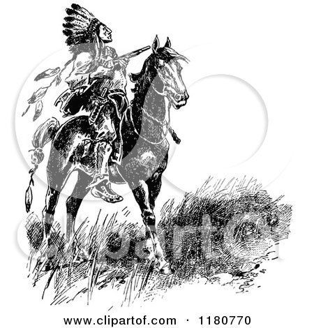 Clipart of a Retro Vintage Black and White Native American Chief on Horseback - Royalty Free Vector Illustration by Prawny Vintage