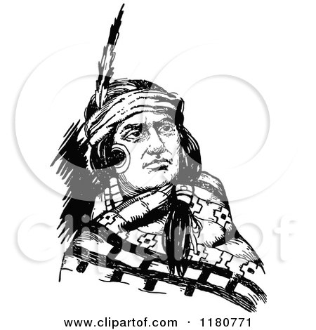 Clipart of a Retro Vintage Black and White Native American Man - Royalty Free Vector Illustration by Prawny Vintage