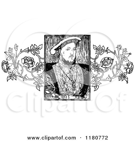Clipart of a Retro Vintage Black and White Portrait of Henry VIII and Roses - Royalty Free Vector Illustration by Prawny Vintage