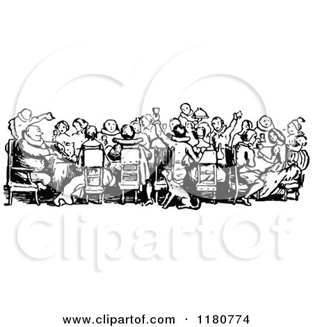 Clipart of a Retro Vintage Black and White Crowd of People Dining - Royalty Free Vector Illustration by Prawny Vintage