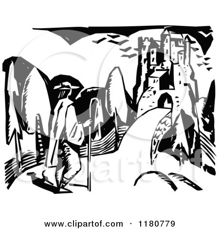 Clipart of a Retro Vintage Black and White Man Approaching a Castle - Royalty Free Vector Illustration by Prawny Vintage