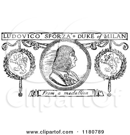 Clipart of Retro Vintage Black and White Duke of Milan Coin - Royalty Free Vector Illustration by Prawny Vintage