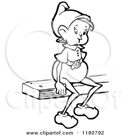 Clipart of a Retro Vintage Black and White Elf Sitting - Royalty Free Vector Illustration by Prawny Vintage