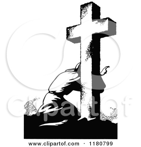 Clipart of a Retro Vintage Black and White Man Kneeling at a Cross - Royalty Free Vector Illustration by Prawny Vintage