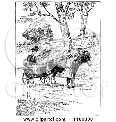 Clipart of a Retro Vintage Black and White Woman Girl and Horse Drawn Cart - Royalty Free Vector Illustration by Prawny Vintage