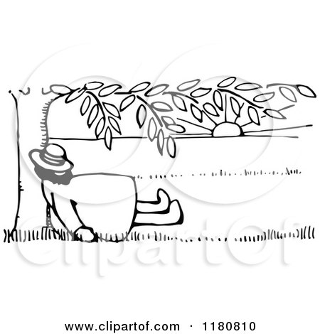 Clipart of a Retro Vintage Black and White Man Sleeping Under a Tree - Royalty Free Vector Illustration by Prawny Vintage